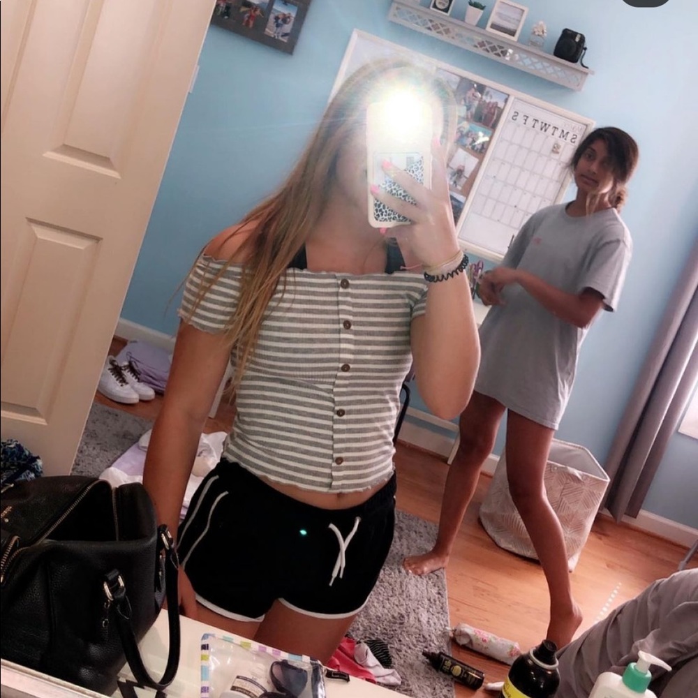 gray and white striped shirt